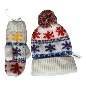 New Old Navy Knit Snowflake Pom Pom Hat And Mittens One Size